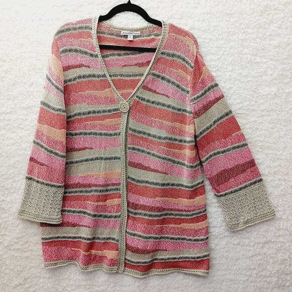Sweater Cardigan Size 2X Lace Coral Beige Stripe Whimsycore Soft Girl Cozycore - Picture 1 of 8